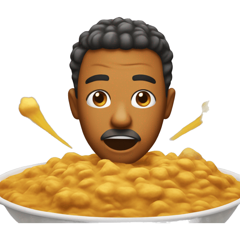 An exploding head emoji, but it's a tiny guy with darker skin that enjoys a curry on a Sunday night emoji