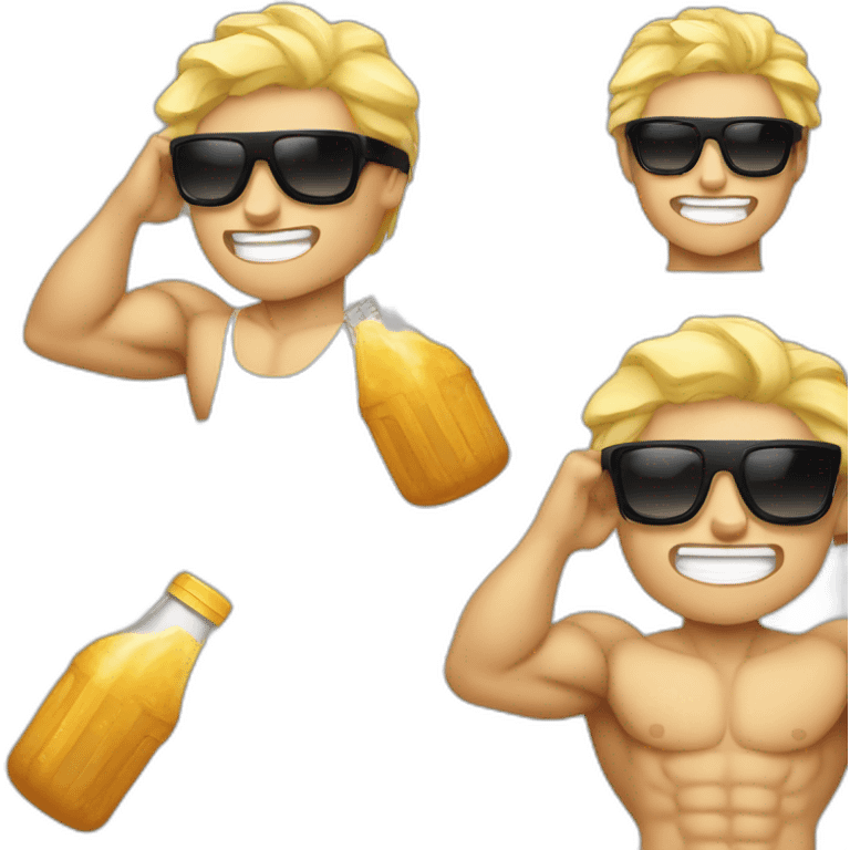 Muscular blonde boy with sunglasses and a proteins shake emoji