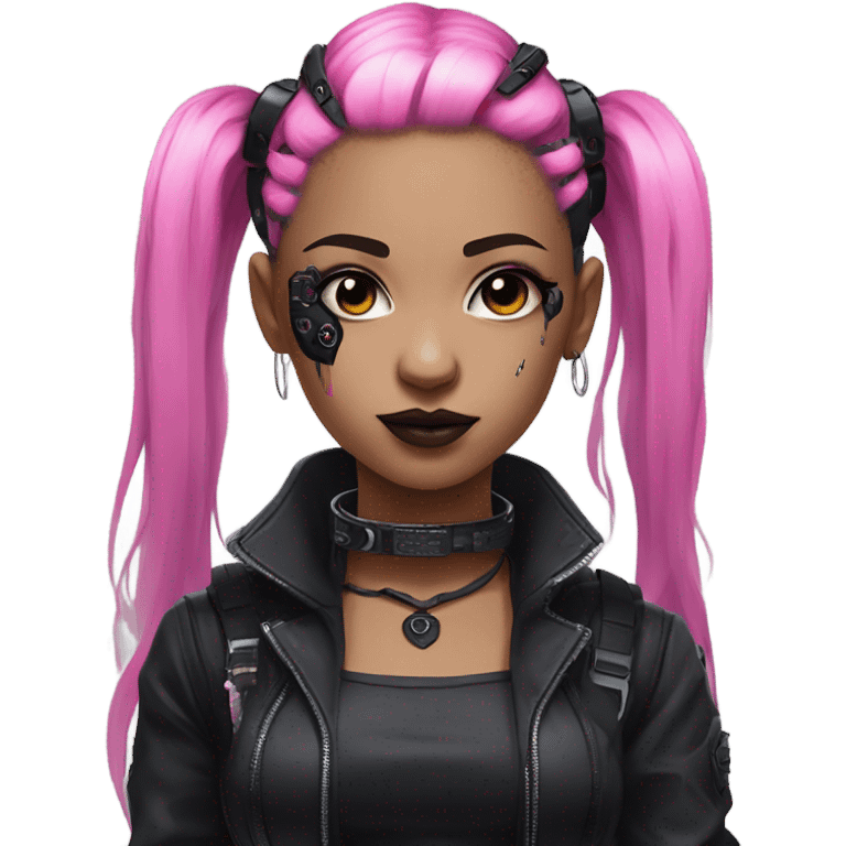 cyberpunk girl, pink twintails, black collar, black crop top, cyborg, goth makeup emoji