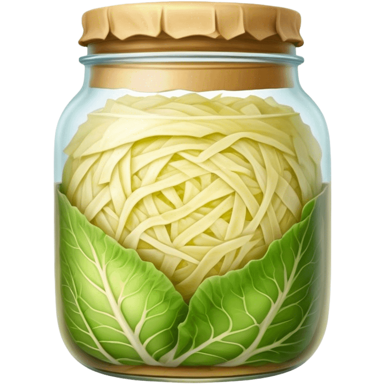 Sauerkraut Cinematic Realistic Sauerkraut Dish Emoji, depicted as tangy fermented cabbage neatly served in a traditional jar, rendered with vibrant textures and crisp, natural lighting. emoji