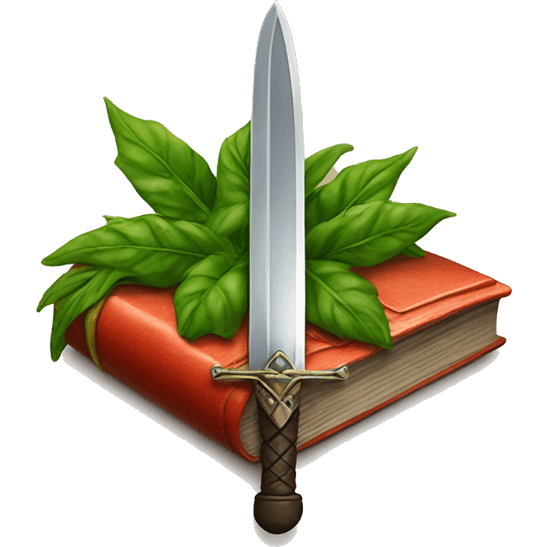 Book cover with sword, greenery, and a spicy pepper on it emoji