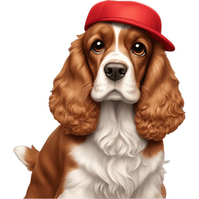 A full-length, adult, red cocker spaniel in a New Year's cap, siting emoji