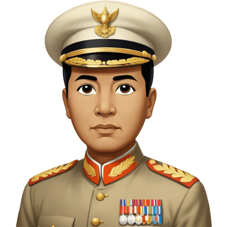 Sukarno (first president) – Cinematic Realistic Portrait of Sukarno, depicted as a charismatic, visionary leader in period attire with a determined gaze, rendered with dynamic historical textures and warm, inspiring lighting that captures his pioneering spirit and national pride. emoji