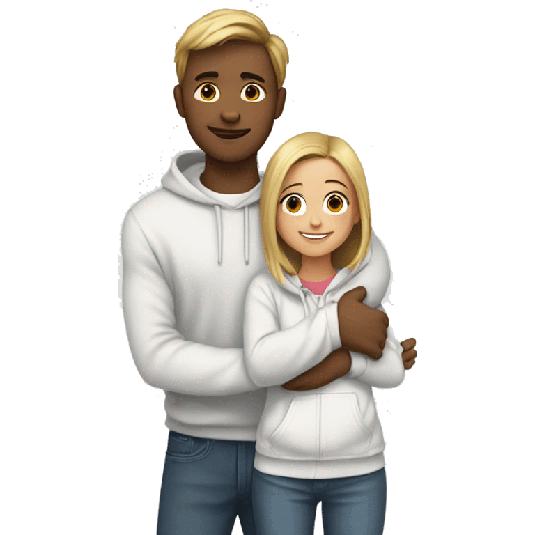 An emoji of a man wearing a white hoodie, standing next to his sister. He is hugging her warmly, showing a close sibling bond emoji