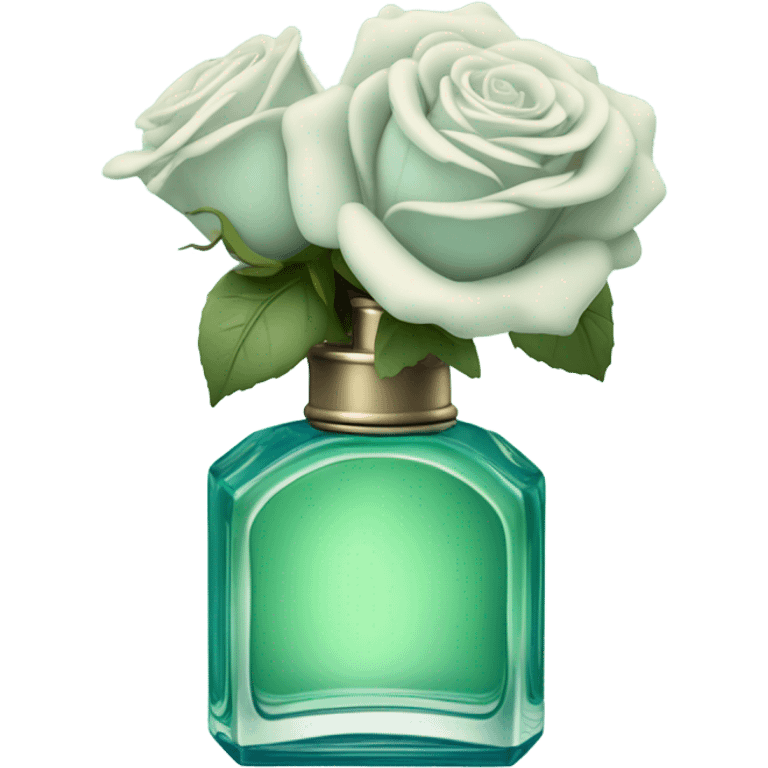 Aesthetic composition of soft blue roses with a vintage-style green  perfume bottle.
 emoji