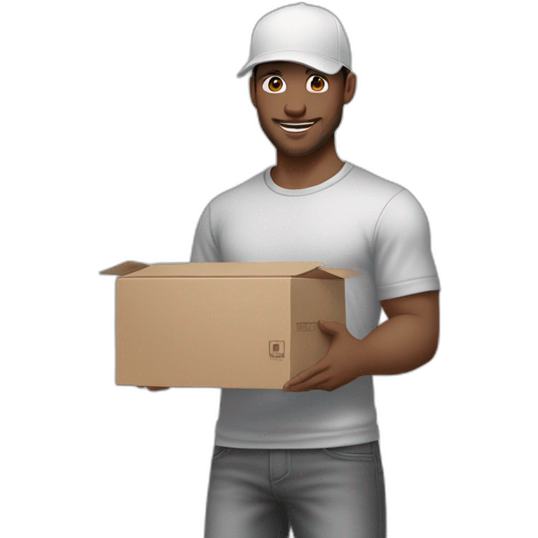 Pale skinned fit Man with dark brown hair in a white cap, gray jeans and gray polo T-shirt keeping a pasted box into his hands emoji