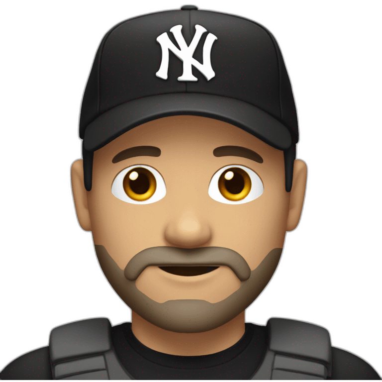 White man dark hair wearing a black NY cap and a goatee beard emoji