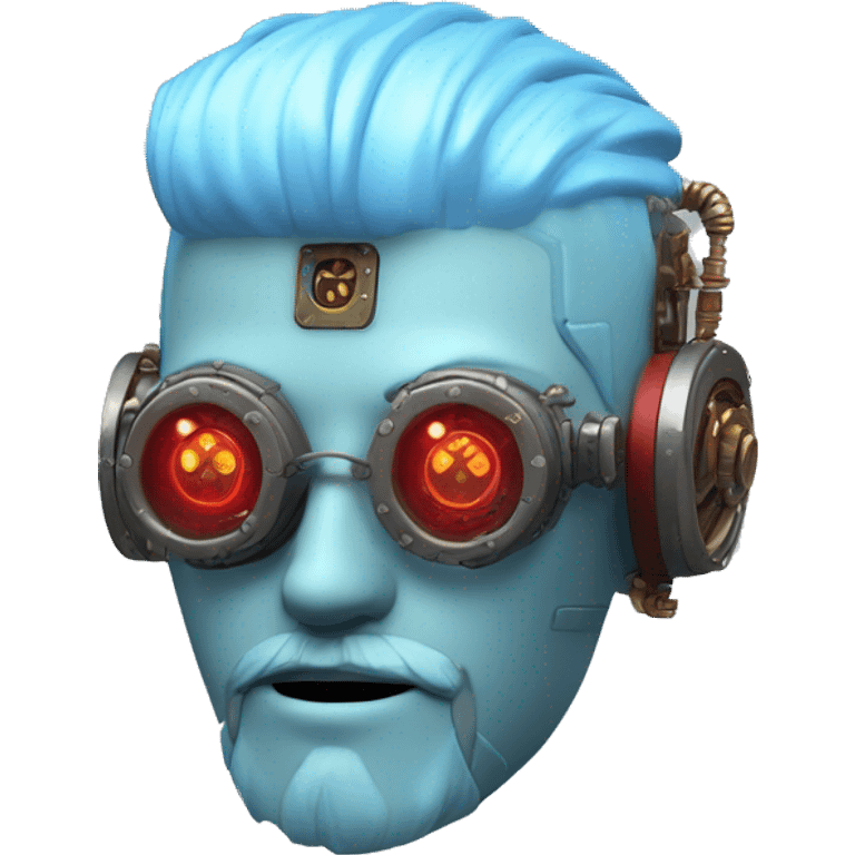  Short light blue haired male cyborg head with light blue beard, red steampunk goggles and circuits emoji