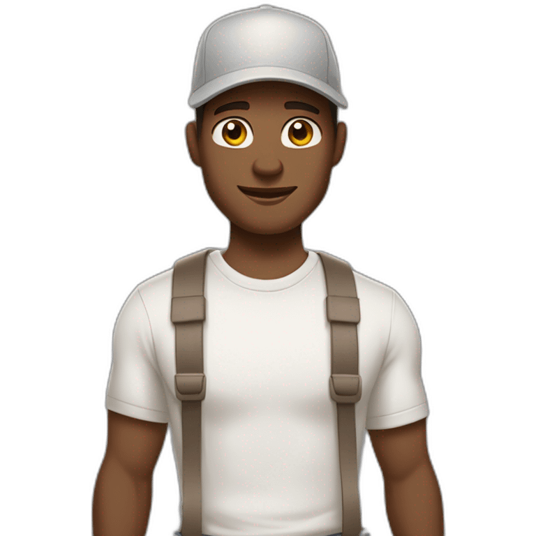 Pale skinned fit Man with dark brown hair in a light gray cap, dark brown jeans, brown polo and white T-shirt keeping a pasted with tape white box into his hands emoji