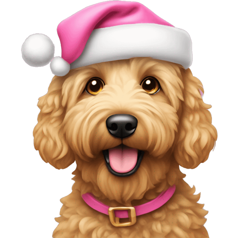 Golden doodle wearing pink Santa hat emoji