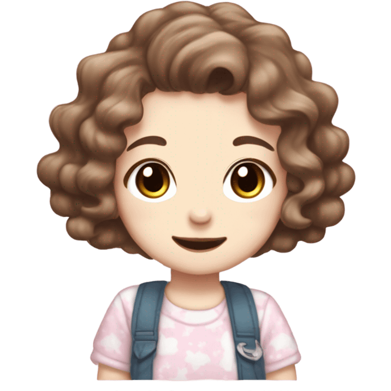 Pale girl, who has wavy brown hair and ocean eyes, and a cutecore clothes with sanrio characters on her shirt, with a cute little smile and baby face. emoji