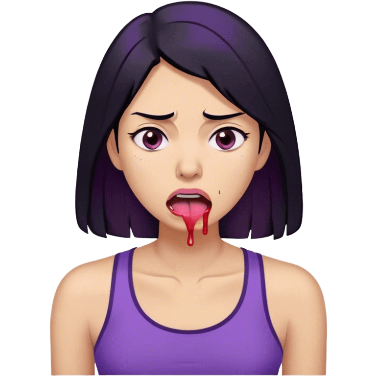 A digitally illustrated emoji-style character of a woman with shoulder-length black hair, wearing a purple shirt. Her expression shows extreme exhaustion or dehydration—her eyes are bloodshot and dry, her tongue is sticking out, and she has a single sweat drop on her cheek. The image has a clean white background emoji