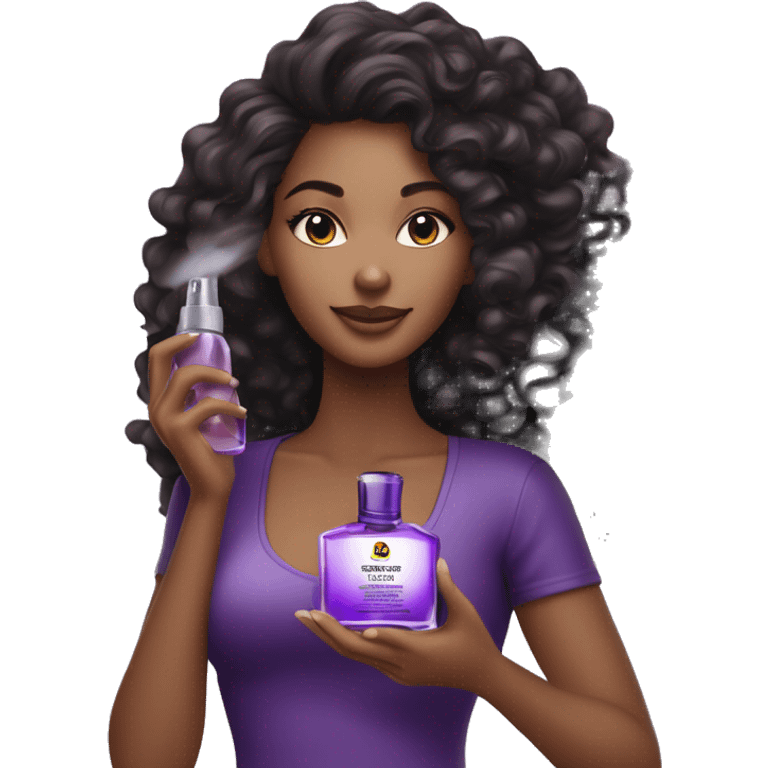 Beautiful refined black woman with curly hair posing with her perfume that is ergonomic, purple-colored ombre bottle, and a black cap and sprayer.  emoji