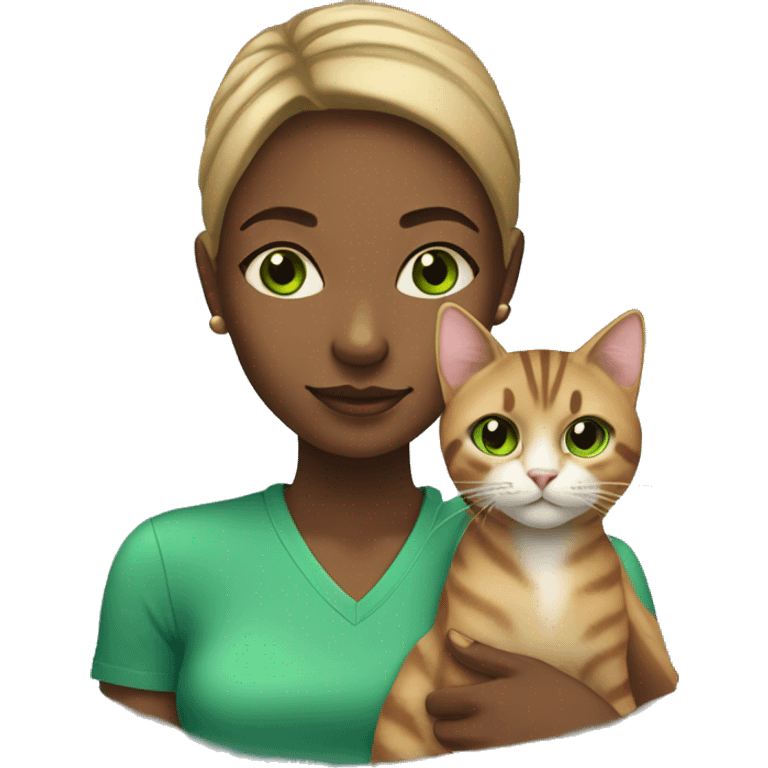 Young black woman with tabby cat with green eyes emoji