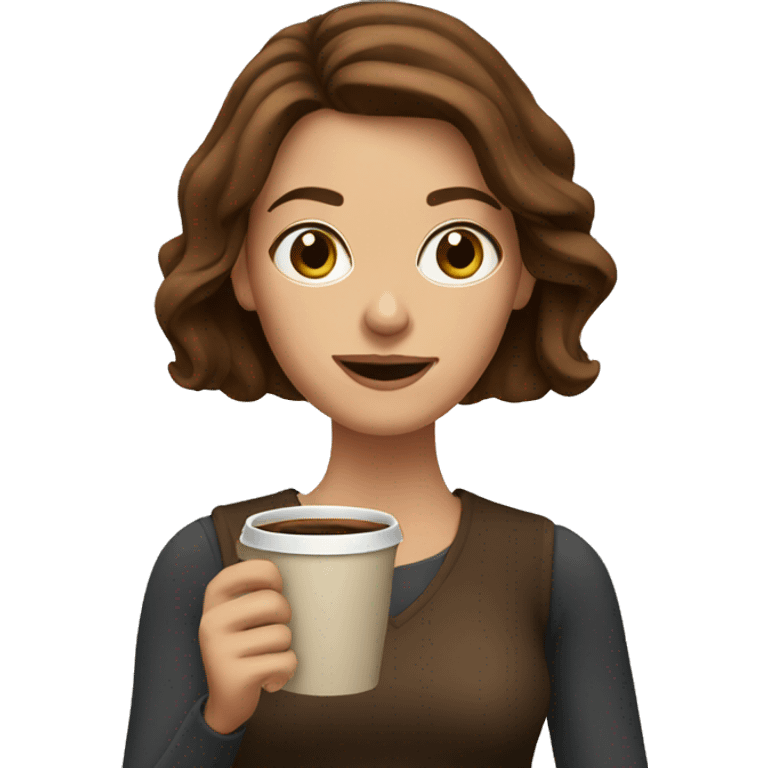 A woman with brown hair holding her coffee emoji