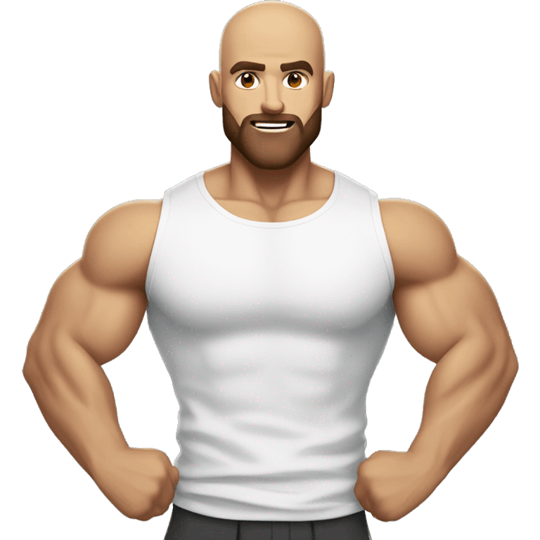 Muscular man flexing, bald, brown beard in a white shirt emoji