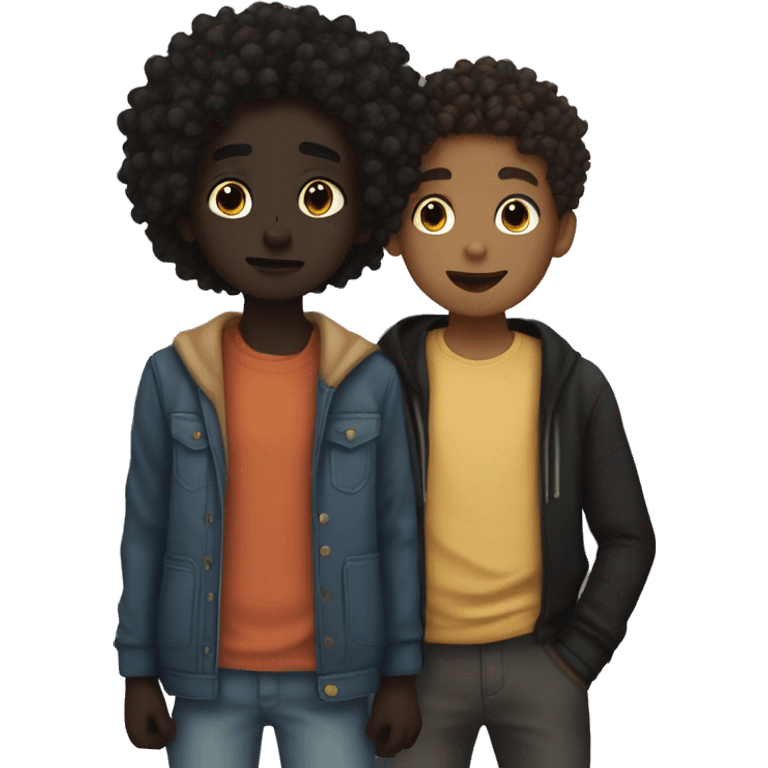 darkskin boy with dread and light skin boy with black curly hair kissing emoji