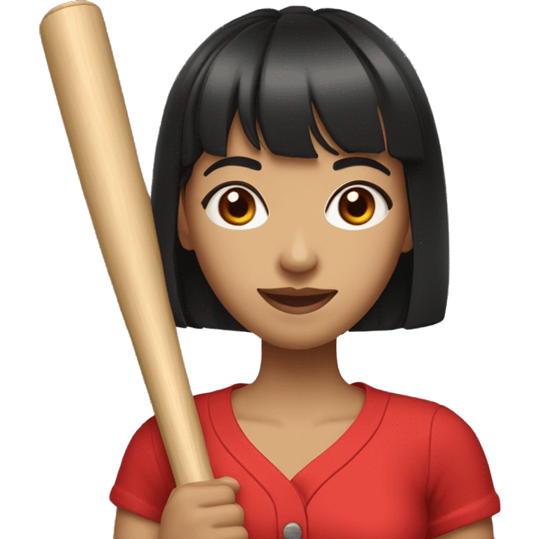 Asian Woman with full bangs, smiling, long black hair, hoop earrings, red dress, holding a baseball bat emoji