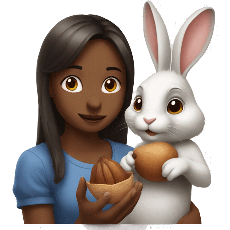 а rabbit holding a hazelnut with a brunnete girl emoji