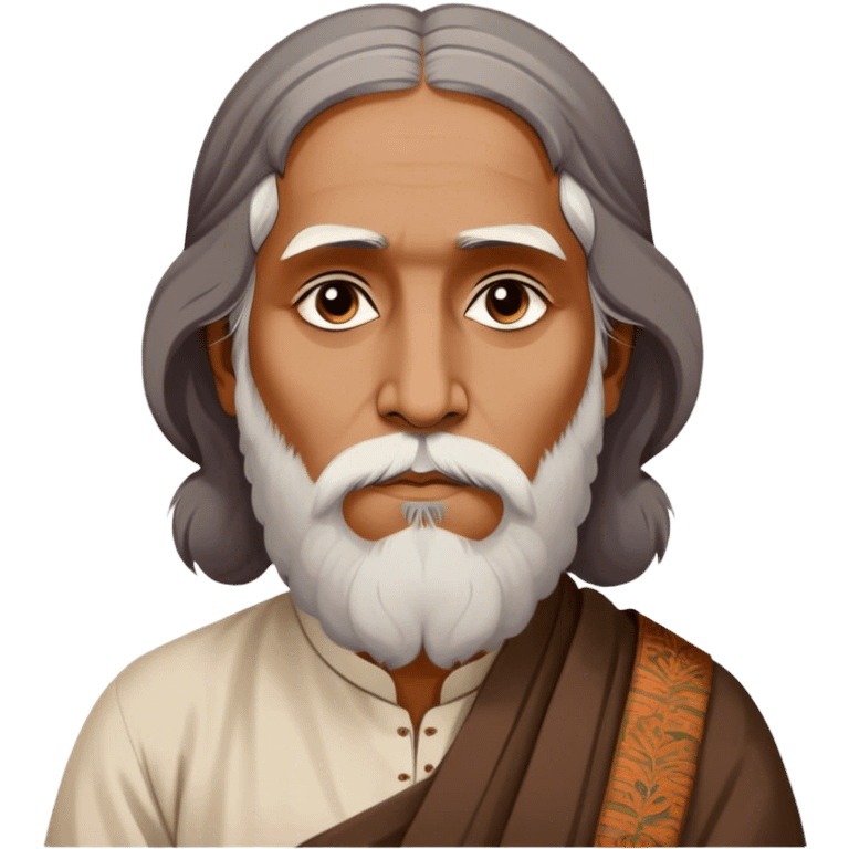 Rabindranath Tagore – Cinematic Realistic Portrait of Rabindranath Tagore, depicted with thoughtful, soulful eyes and gentle features, dressed in traditional Bengali attire with subtle artistic motifs, bathed in warm, soft lighting that evokes his poetic genius and timeless wisdom. emoji