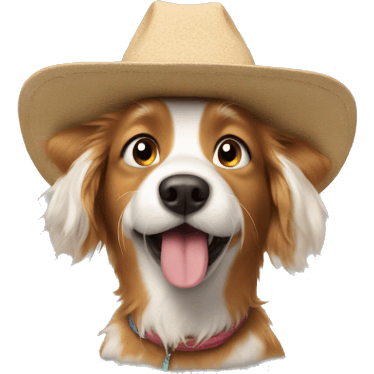 Dog wearing Texas hat, crazy hair and silly face emoji