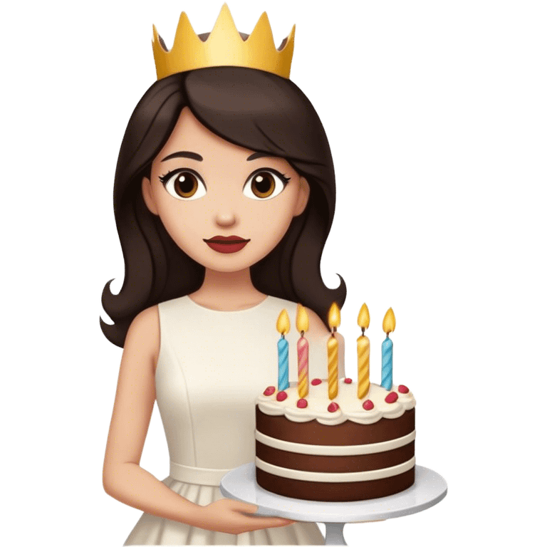 Beautiful woman in 1965’s woman fashion look, white dress, long dark brown hair, birthday cake emoji