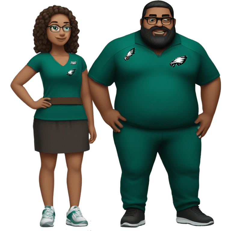 Fat Brown guy with beard mustache and brown girl with glasses and her hair in a bun in Philadelphia eagles clothes holding hands emoji