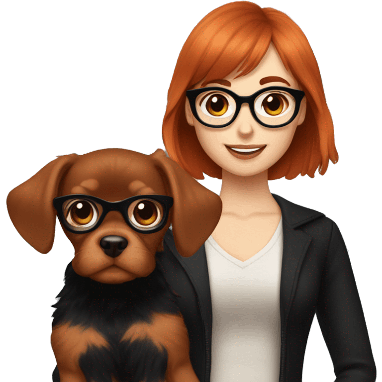 Auburn red-haired girl with bangs and short hair and black glasses and black clothes holding a Cavalier puppy emoji