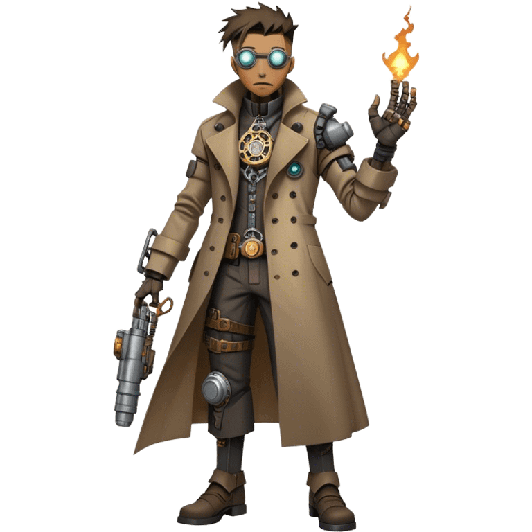 cartoonish, rough, and battle-worn cyber-steampunk Dr. Numen Oppen! His rugged trench coat, exposed mechanical joints, and worn cybernetic enhancements capture the fusion of steampunk and cyberpunk aesthetics. emoji