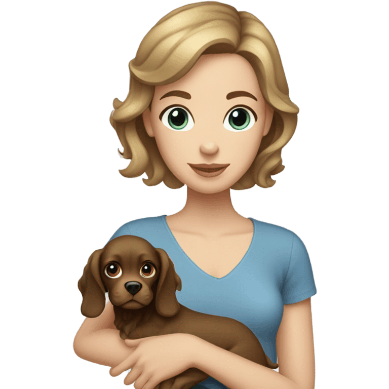 brunette girl short hair blue eyes  with blonde cocker spaniel emoji