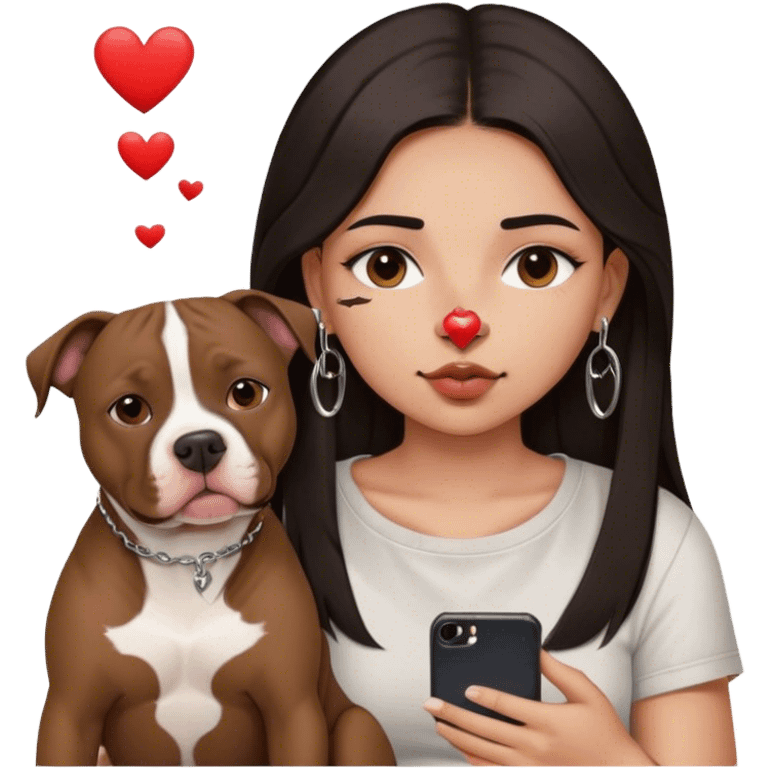 Young girl, with long dark hair,chop you around her face holds her phone sitting by her pitbull. She has a small septum ring in her nose and heart fly all around her. emoji