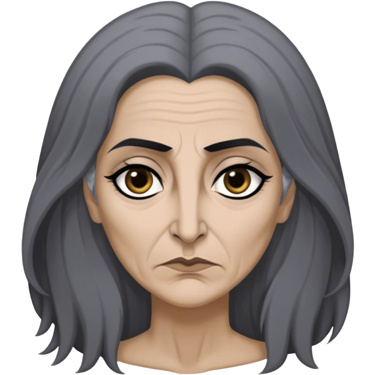 Mirri Maz Duur is a weathered, age 45 Lhazareen woman with deep-set dark eyes, high cheekbones, and a sharp nose, giving her a stern, knowing expression. Her long, unkempt dark hair streaked with gray falls loosely over her shoulders emoji