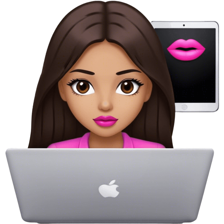 beautiful girl with long dark brown straight hair and black eyes and big pink lips and working  on laptop emoji