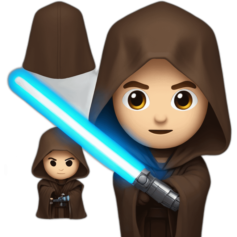 Dark side anakin skywalker (scar over right eye) (brown hooded robe) (portrait, front facing) (blue lightsaber) emoji