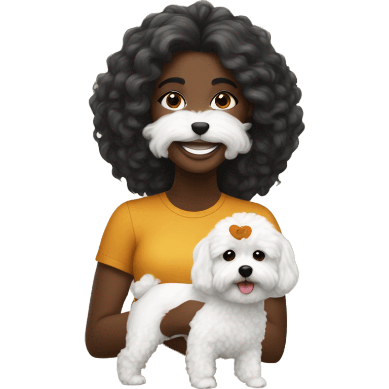 Long haired Black woman with a white maltipoo wishing a happy Thanksgiving  emoji