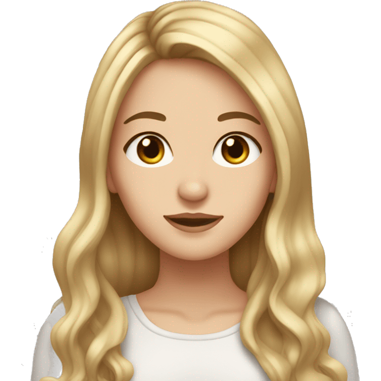 White girl with brown eyes and long brown hair with blonde streaks in front of hair emoji