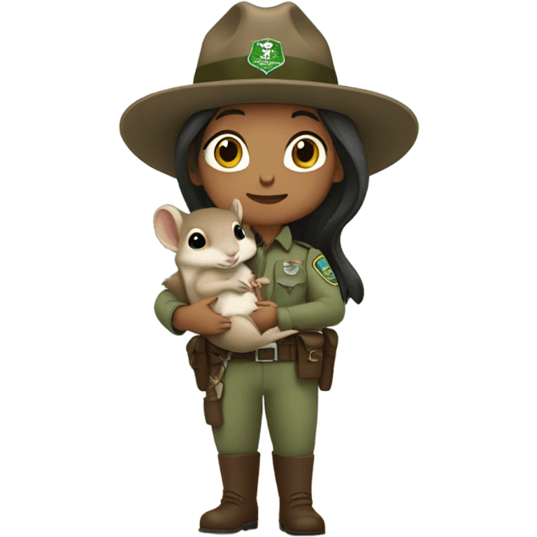 Female park ranger with long dark hair holding a baby squirrel emoji