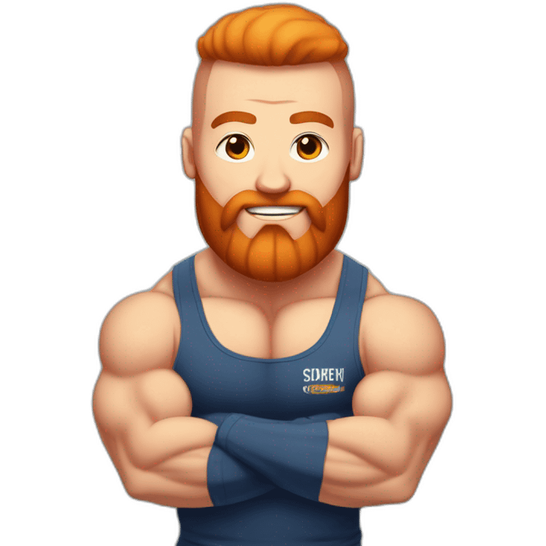 Bodybuilder A shaved-headed man with a red beard, in a T-shirt with the inscription POWERLIFTING emoji