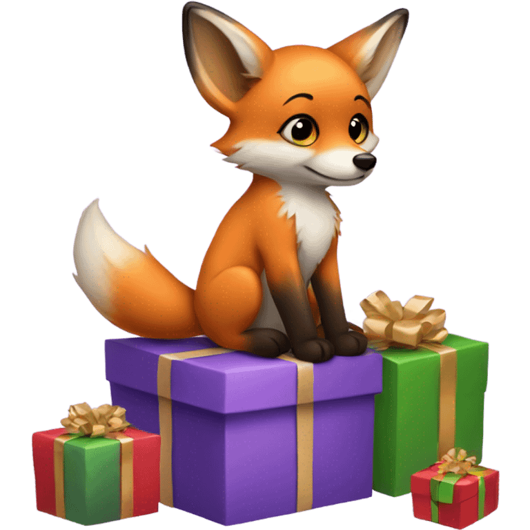 Baby fox sitting next to purple Christmas t presents  emoji