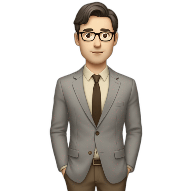 Full height Pale skinned Fit Man With dark brown hair in gray jacket, beige office shirt, tie, Brown pants and vintage glasses. Thrumbs of his palms directed up emoji