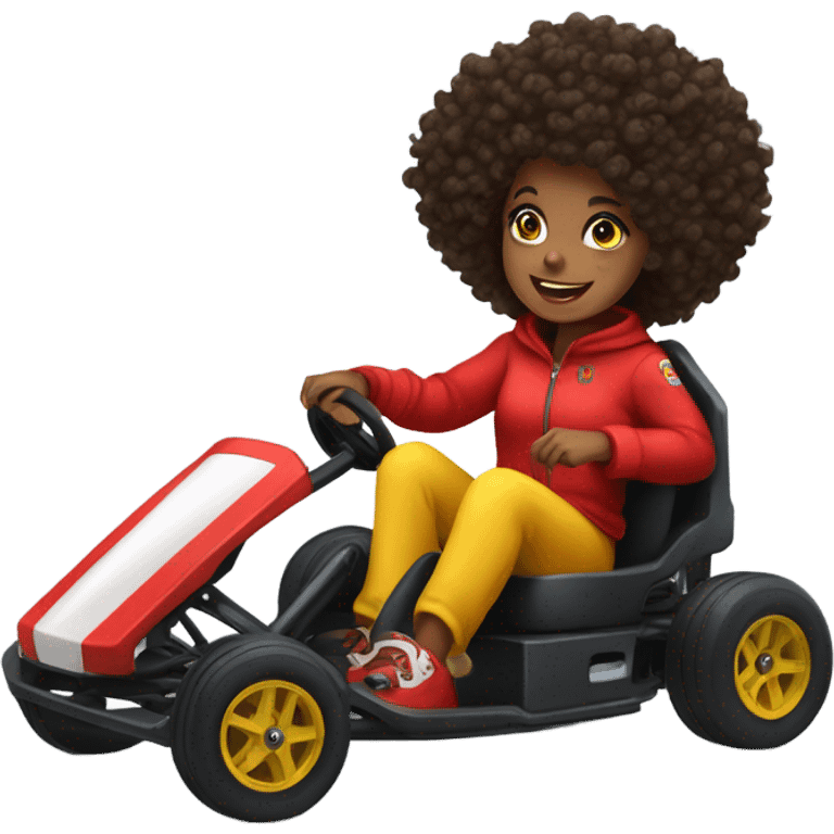 Go kart, black girl wearing red, curly hair, yellow eyes emoji