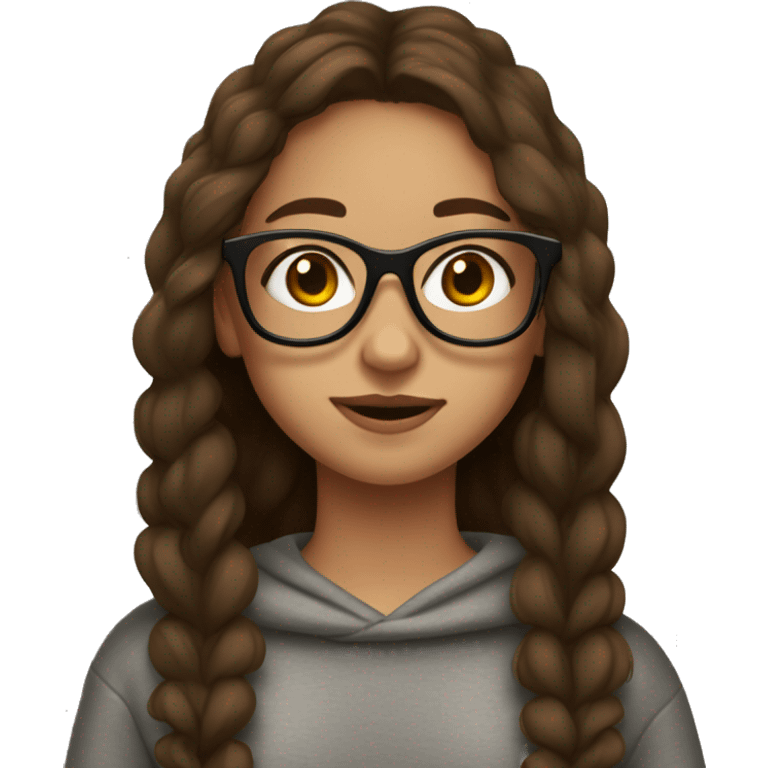 girl wearing glasses, long brown hair, brown eyes, tall, wearing a sweatshirt, leggings, freckles,  emoji