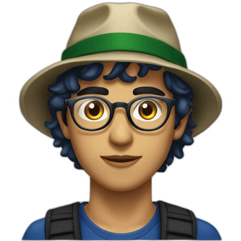 young algerian guy with dark blue smoking, thin gold transparent glasses, wearing black fishing hat with a scar on left cheek emoji