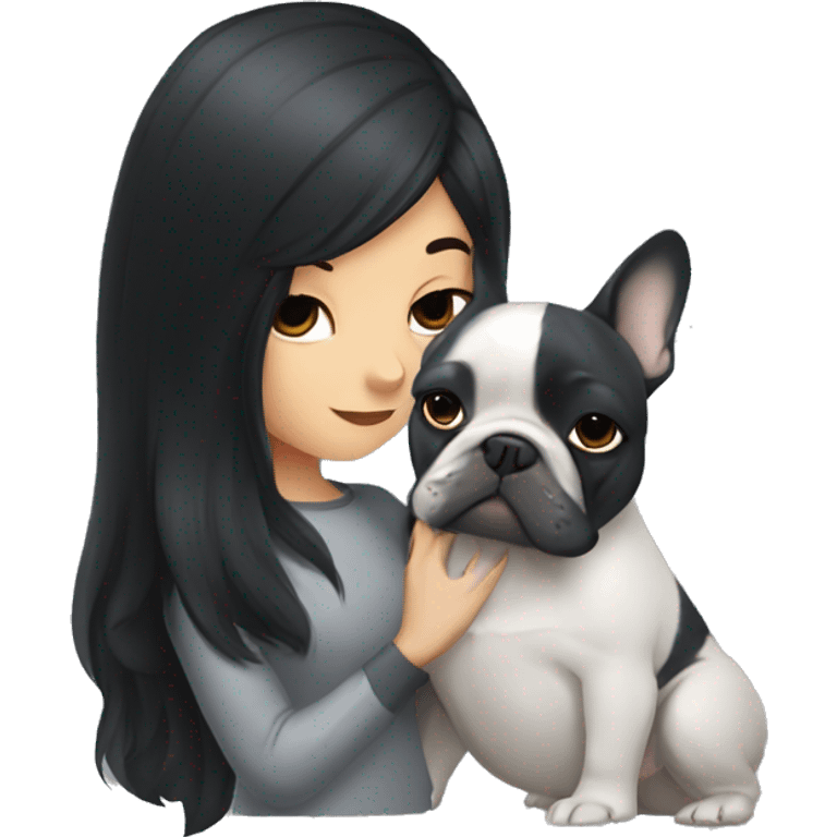 Girl with black long hair kissing grey French bulldog  emoji