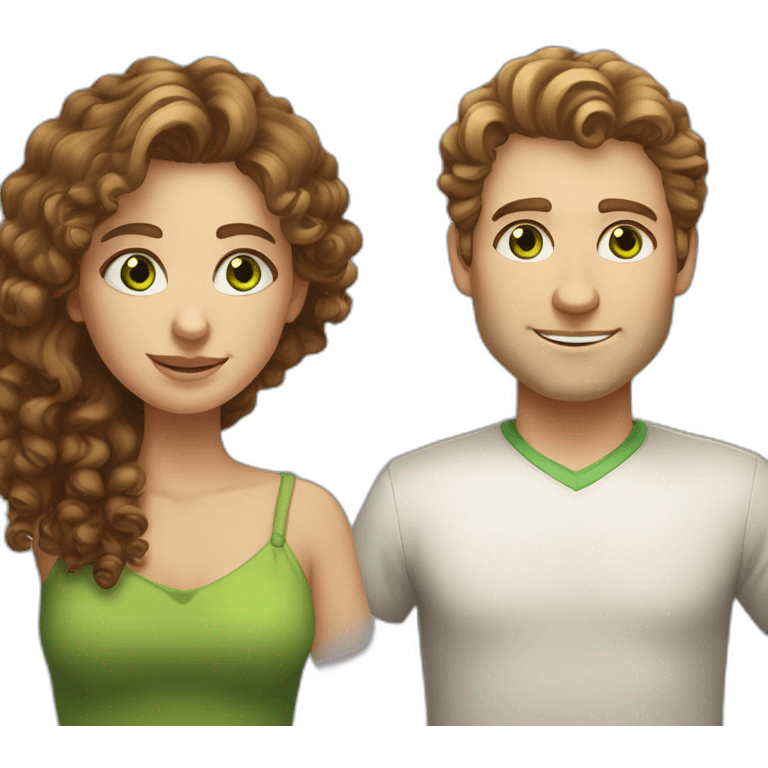 white European man with brown curly hair, blue eyes. chubby wphite woman with long light brown curly hair and green eyes emoji