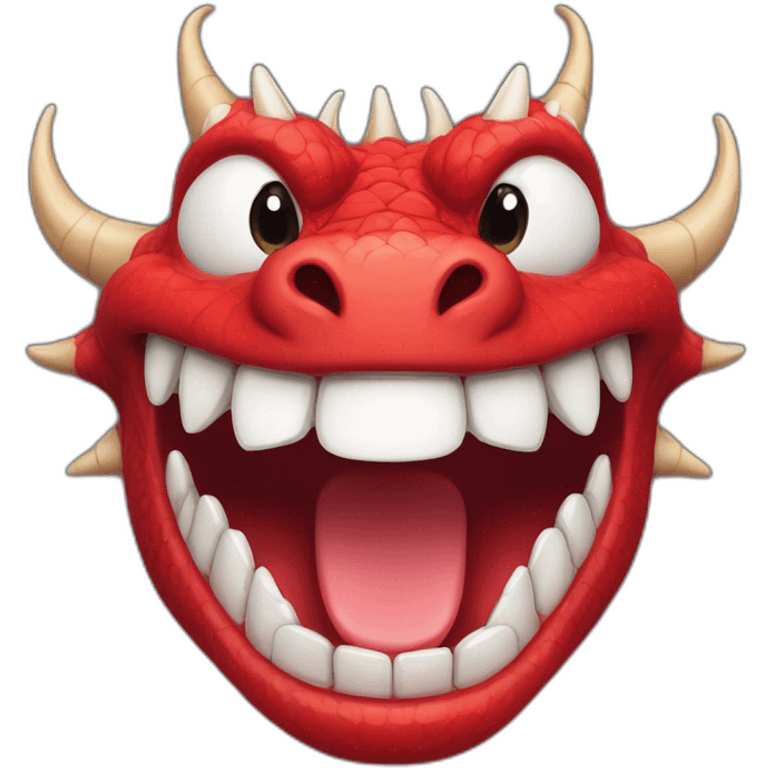 Crazy funny red dragon head with human white teeth and beautiful smile emoji