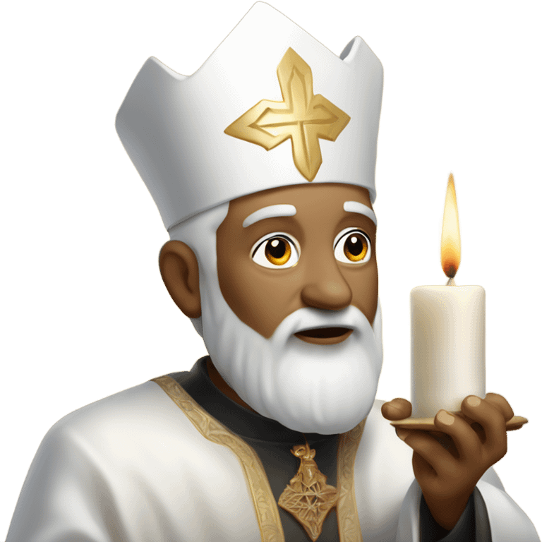 White priest with oratorical floats and hat, who is trying to lit up a candle. The priest is around 55 years old and has not beard.  emoji