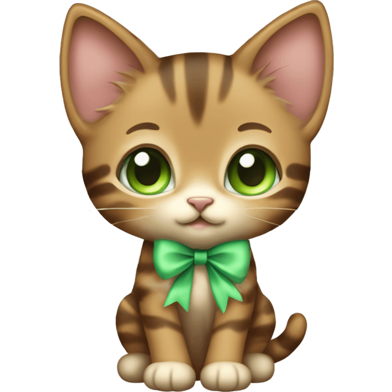 extremely cute kawaii brown tabby girl kitten with green eyes and pastel green bow full body emoji