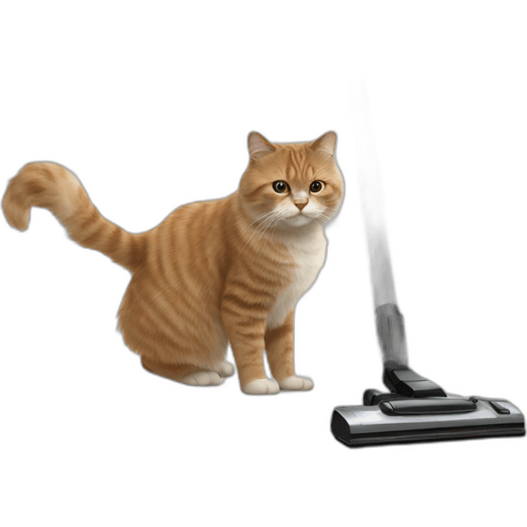 fluffy cat stands on its hind legs and vacuums dust with a vacuum cleaner emoji