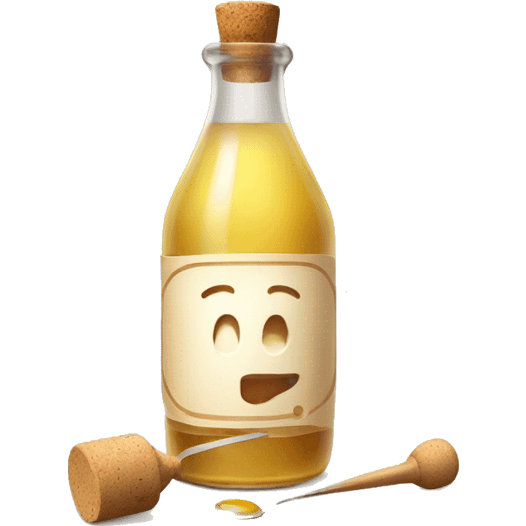 bottle of vinegar with the cork and a nozzle; spoon is laying neat the bottle emoji